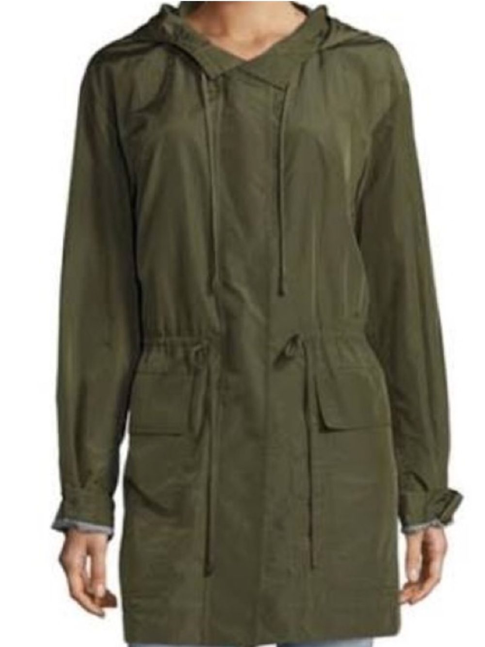 Theory Horatia Hooded Button Front Utility Jacket Army Green Drawstring Waist